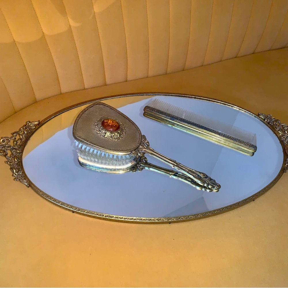 Vintage Hollywood Regency Ormolu Vanity Hair Brush & Comb Set